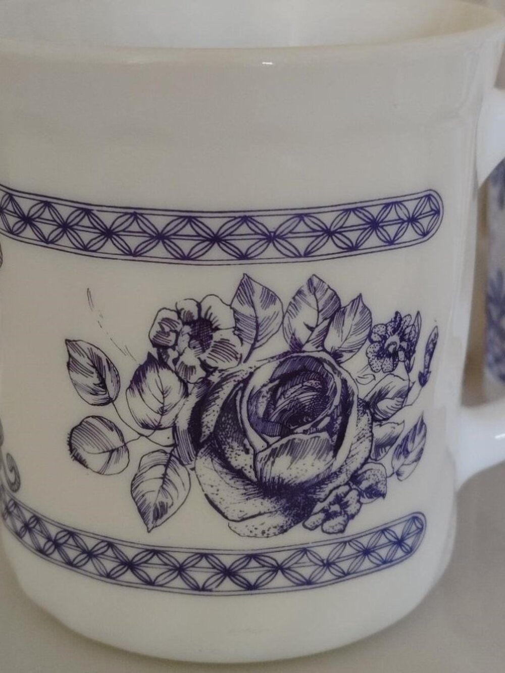 6 Kitschy Arcopal France Milk Glass Grandma Honorine Blue Rose Mugs Cups 8oz.